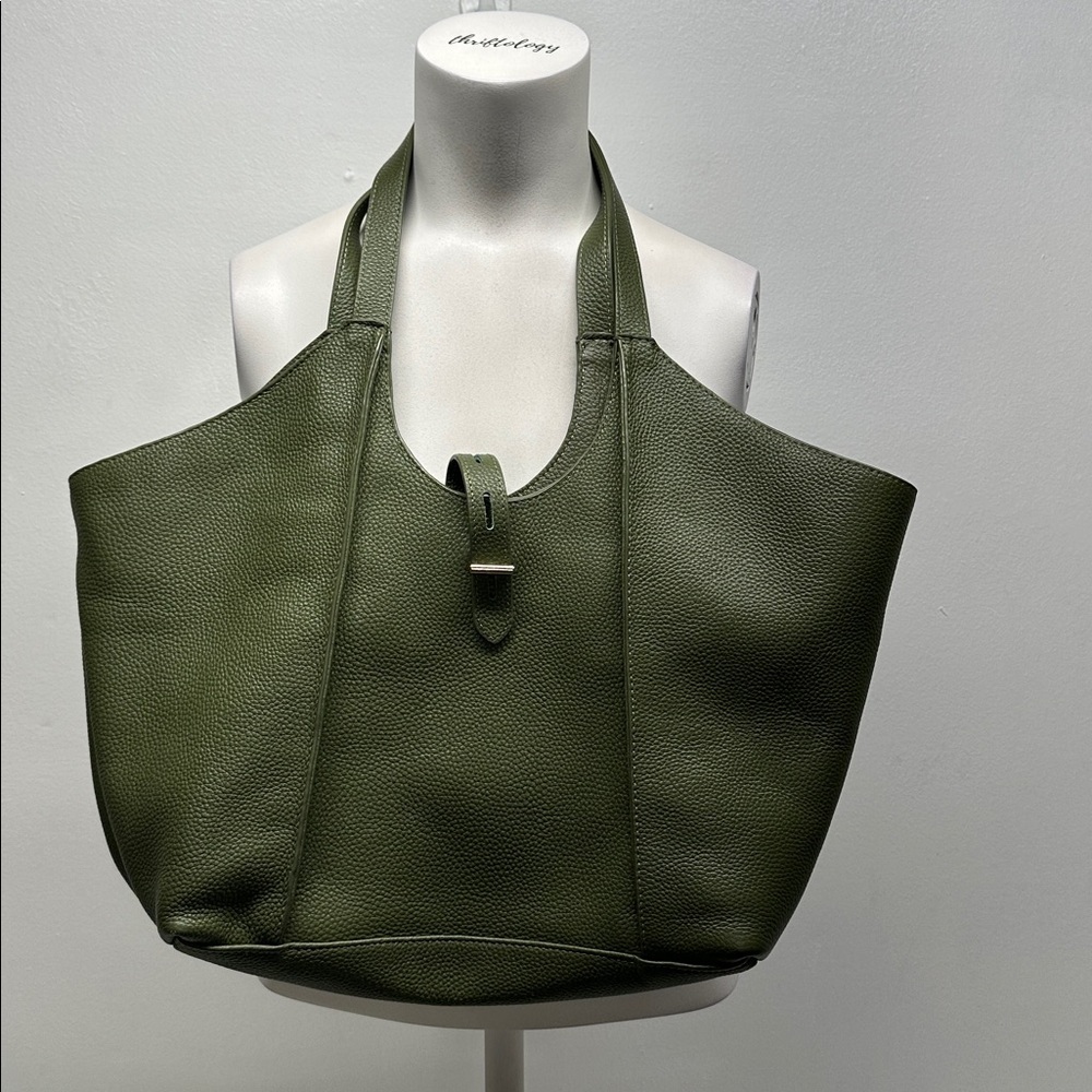 Tote Le Monde Milan Genuine Leather Tote Bag Shoulder Purse Olive Green Gold - Picture 2 of 13